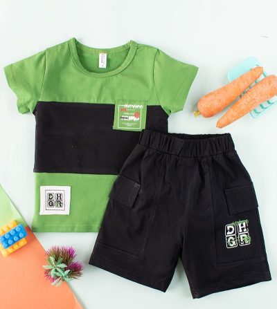 2-piece Baby / Toddler Boy Green-Black Block Short-sleeve Top and Solid Shorts Set