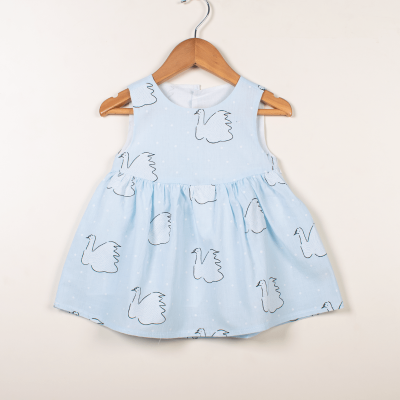 Baby Girl Pretty White Swan Print Sleeveless Dress - Light Blue