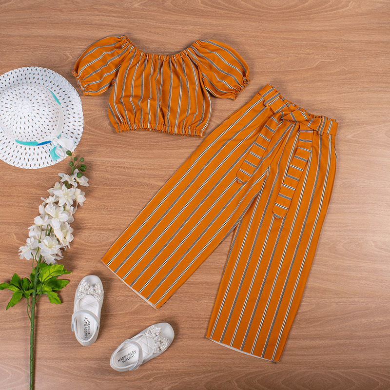 2-Piece Kid Girl Striped Print Off-Shoulder Top and High Waist Tapered Pants with belt - Orange