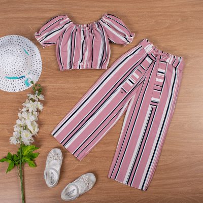 2-Piece Kid Girl Striped Print Off-Shoulder Top and High Waist Tapered Pants with belt - Pink