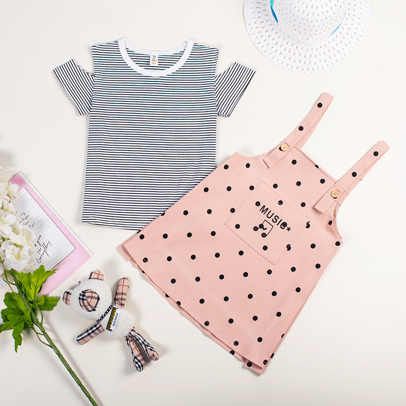 2-Piece Toddler Girl Splice Off Shoulder Striped Tee and Polka Dot Strap Skirt Set – Pink