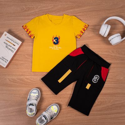 2-Piece Toddler Boy 3 Print on Fire Short-Sleeves Top and Elasticized Quarter Shorts Set - Yellow