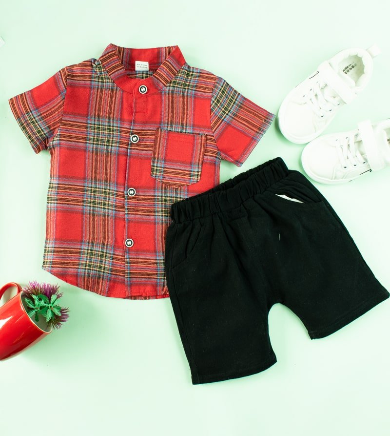 2-piece Baby / Toddler Boy Casual Check Shirt and Shorts Set - Red