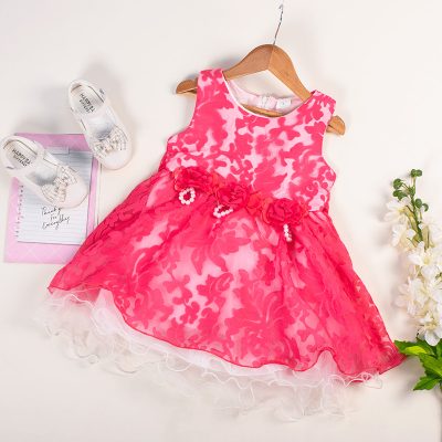 Baby/Toddler Girl Elegant Rose Decor 5-Layered Mesh Sleeveless Dress - Dark Pink