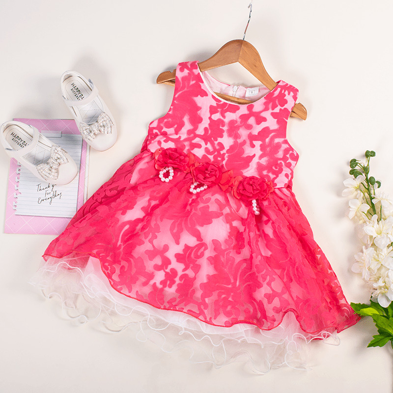 Baby/Toddler Girl Elegant Rose Decor 5-Layered Mesh Sleeveless Dress - Dark Pink