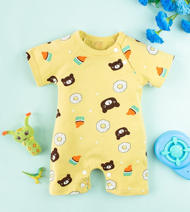 Baby Teddy and Food Print Bodysuit - Yellow