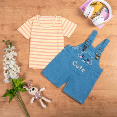 2-Piece Toddler Girl Short-Sleeve Striped Tee and Cute Print Rocky Jeans Shorts Set