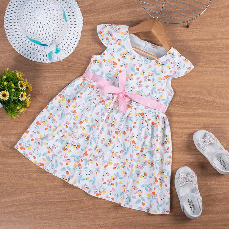 Baby/Toddler Girl Allover Floral Print Cap Sleeves Elegant Dress - White