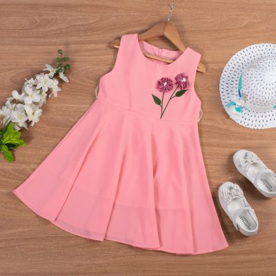 Toddler Girl Floral Embroidery Elegant Sleeveless Dress - Pink