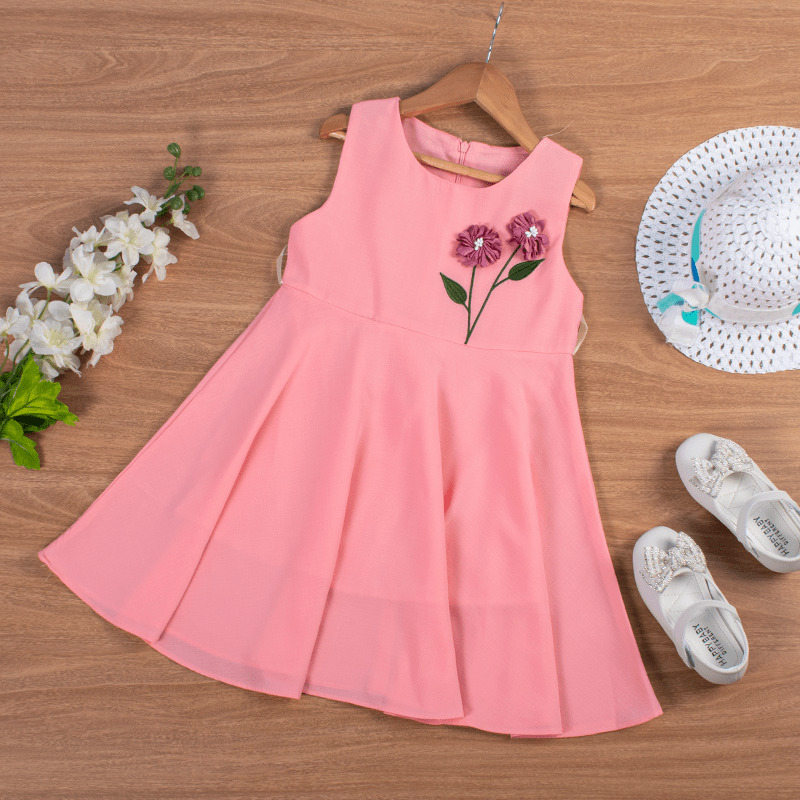 Toddler Girl Floral Embroidery Elegant Sleeveless Dress - Pink