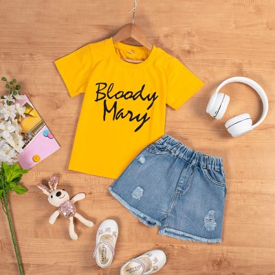 2-Piece Toddler/Kid Girl Bloody Mary Print Short-Sleeve Tee and Denim Shorts Set - Yellow