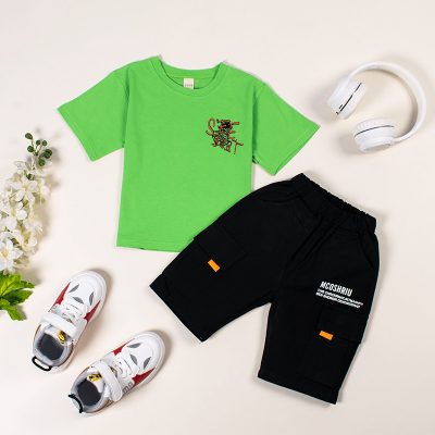 2-Piece Toddler/Kid Boy Short-Sleeve Tee and Elasticized Shorts Set - Green/Black