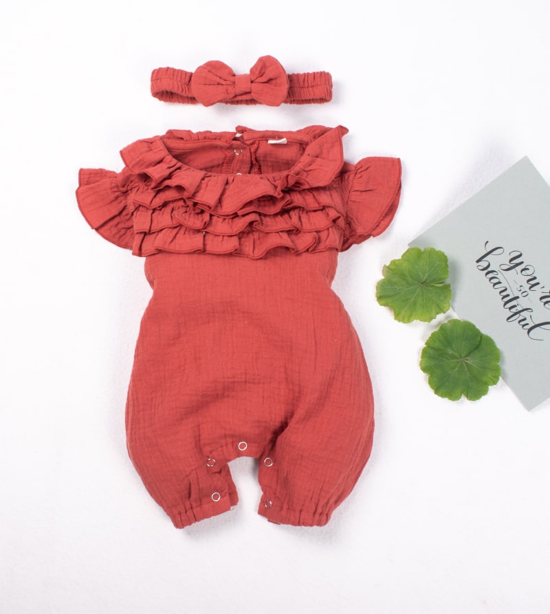 Baby/Toddler Girl Solid Ruffle Flounce Flutter Sleeve Romper with head band - Brick