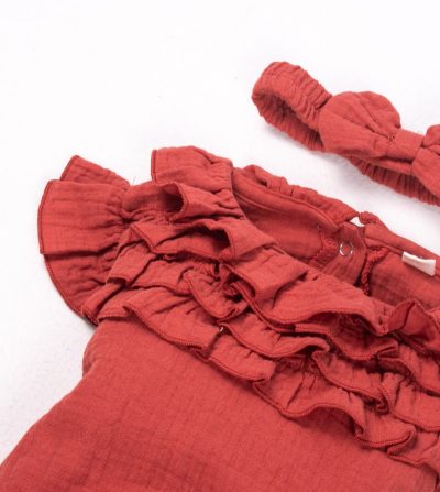 Alternative view of Baby/Toddler Girl Solid Ruffle Flounce Flutter Sleeve Romper with head band - Brick