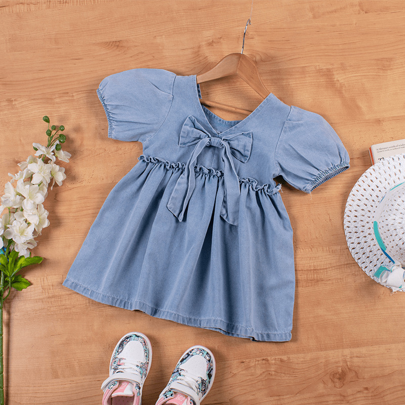 Toddler/Kid Girl Bowknot Design Puff Sleeve Denim Dress - Blue