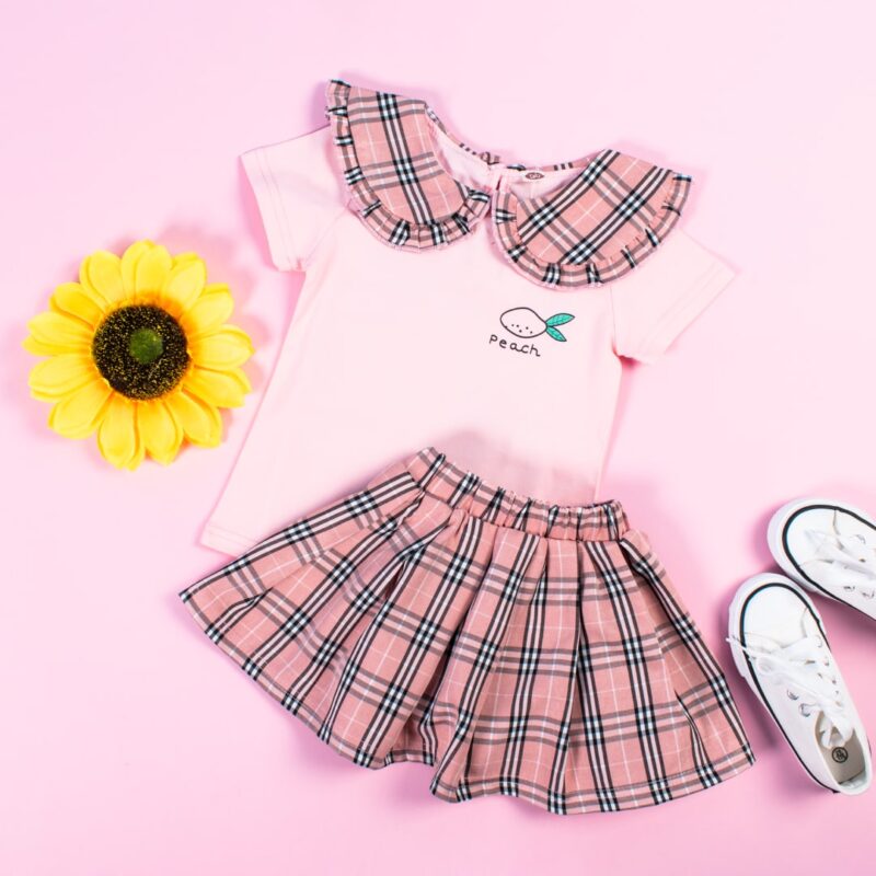 2-Piece Baby/Toddler Girl Short-Sleeve Tee and Mini Check Pleated Skirt Set - Light Pink