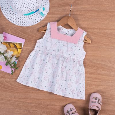 Baby Girl Floral Print Square Neck Sleeveless Dress - White/Pink