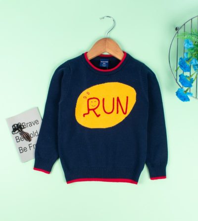 Toddler Boy Run Embroidered Solid Warm Pullover Sweater - Navy Blue