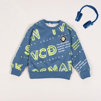 Kid Boy Letter Print Fleece Lined Sweatshirt For Winter- Cyan Blue