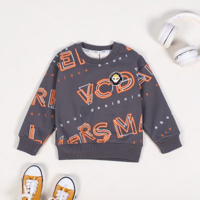Kid Boy Letter Print Fleece Lined Sweatshirt For Winter- Grey