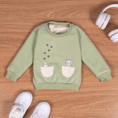 Baby/Toddler Girl Kitty Print Fleece Sweatshirt For Winter - Green
