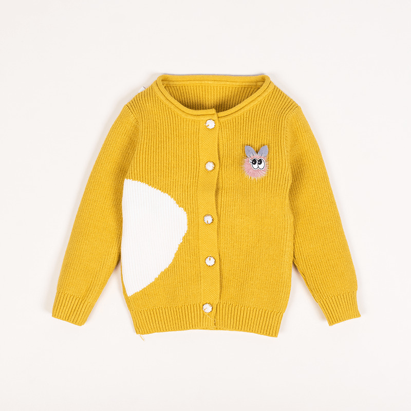 Baby Girl Cute Rabbit Motif Button Design Solid Knit Sweater - Yellow
