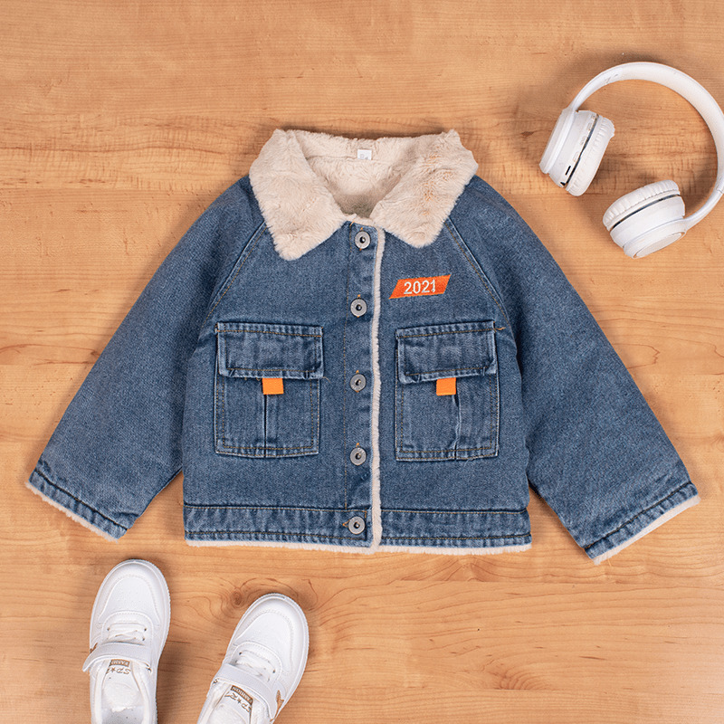 Baby/Toddler Boy Button Design Lapel Collar Fur Denim Jacket - Blue