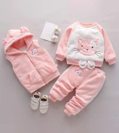 3-Piece Toddler Boy/Girl Cute Meow Print Sleeveless Hoodie, Full Sleeve Top and Solid Pants Set - Pink