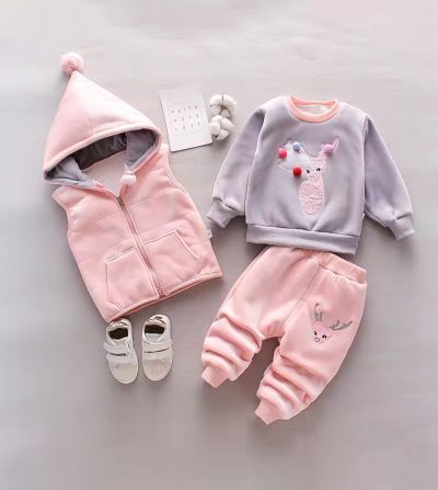 3-Piece Toddler Boy/Girl Stag Print Sleeveless Hoodie, Full Sleeve Top and Solid Lounge Pants Set - Pink
