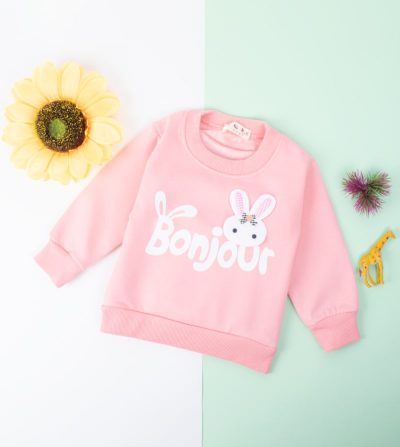 Baby/Toddler Girl Bonjour Cute Bunny Print Warm Long-Sleeve Sweatshirt - Light Pink