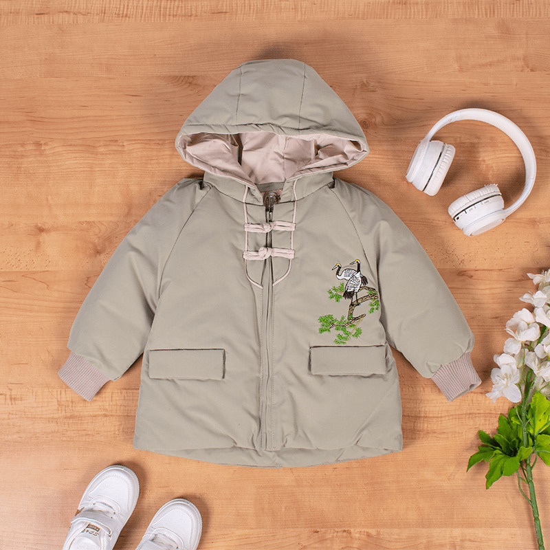 Baby Boy/Girl Crane Bird Embroidered Mandarin Style Hooded Jacket - Light Green