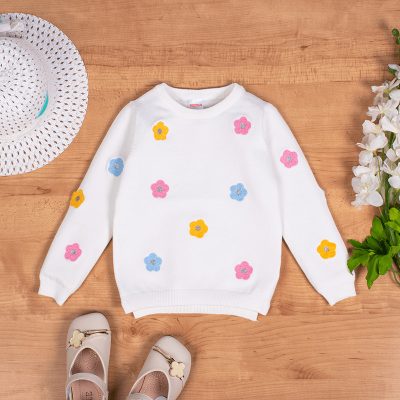 Baby/Toddler Girl Colorful Floral Embroidered Solid Knit Sweater - White