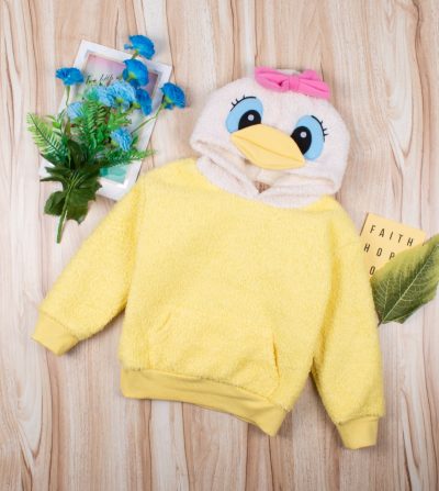 Toddler Girl Cute Bird Design Fuzzy Hoodie Sweatshirt - Yellow