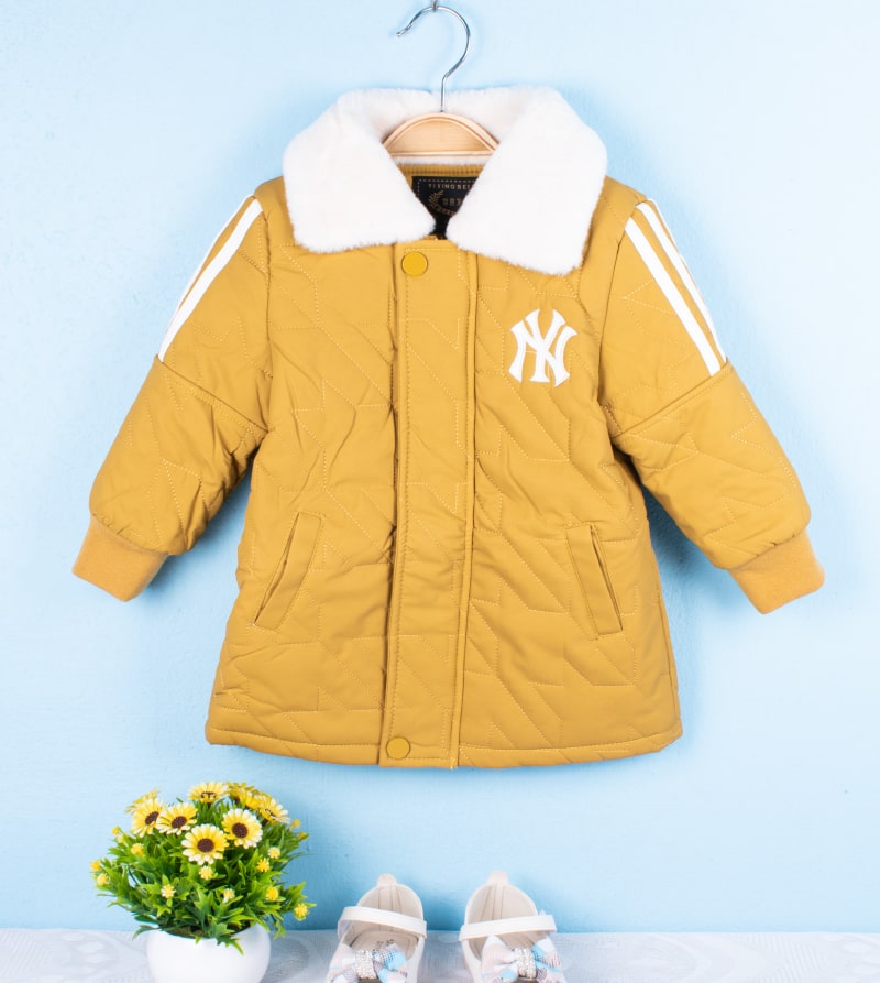 Toddler Girl New York Yankees Symbol Print Lapel Collar Long Coat - Mustard Yellow