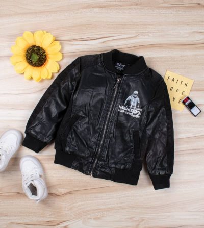 Toddler Boy Marines Print Zipper PU Leather Bomber Jacket - Black