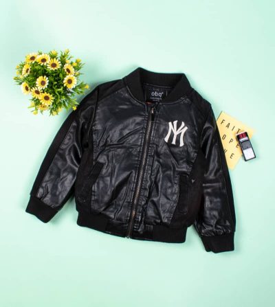 Toddler Boy New York Yankees Embroidered Zipper PU Leather Bomber Jacket - Black