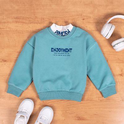 Kid Boy Letter Print Fleece Pullover Sweatshirt - Turquoise Green