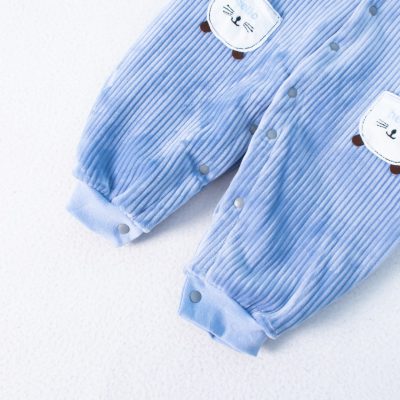 Alternative view of Baby Cute Hello Cat Print Striped Fleece Lined Jumpsuit - Blue