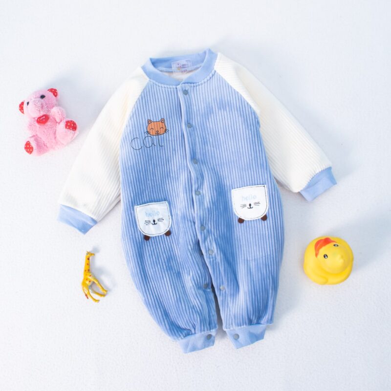 Baby Cute Hello Cat Print Striped Fleece Lined Jumpsuit - Blue