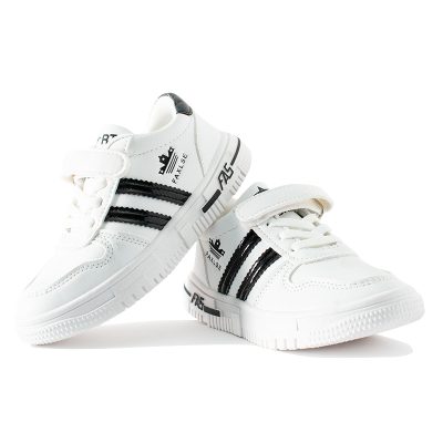 Kid Boy/Girl Black Striped Pattern Velcro Strap Sneakers - White