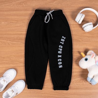 Kid Boy Letter Print Elastic Waist Fleece Jogger Pants - Black