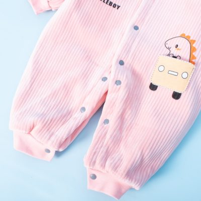 Alternative view of Baby Cute Dino Print Striped Fleece Lined Jumpsuit - Light Pink
