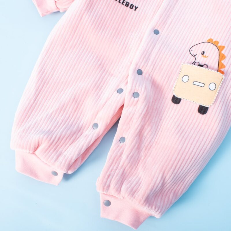 Alternative view of Baby Cute Dino Print Striped Fleece Lined Jumpsuit - Light Pink
