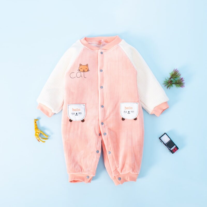 Baby Cute Hello Cat Print Striped Fleece Lined Jumpsuit - Orange
