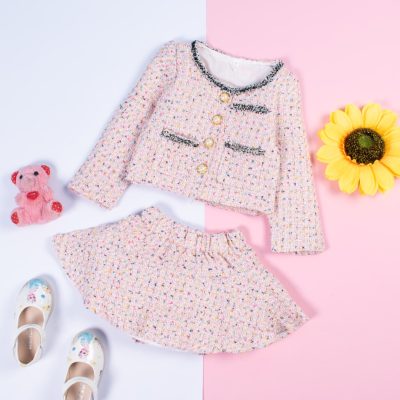 2-Piece Toddler Girl Plaid Tweed Cardigan and Pleated Skirt Set - Pink