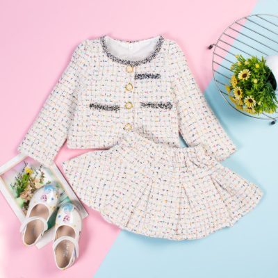 2-Piece Toddler Girl Plaid Tweed Cardigan and Pleated Skirt Set - White