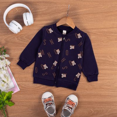 Baby/Toddler Allover Teddy Print Front Zipper Outdoor Summer Jacket - Navy Blue