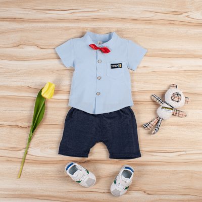 2-Piece Baby Boy Short-Sleeve Bow Tie Shirt and Solid Shorts Set - Blue