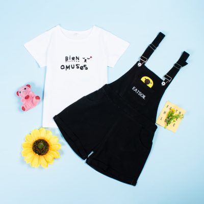 2-Piece Toddler Girl Half-Sleeve Top and Rocky Jeans Shorts Set - Black
