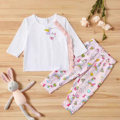 2-Piece Baby Girl Unicorn Print Long-Sleeve Top and Rainbow Print Pants Set - White